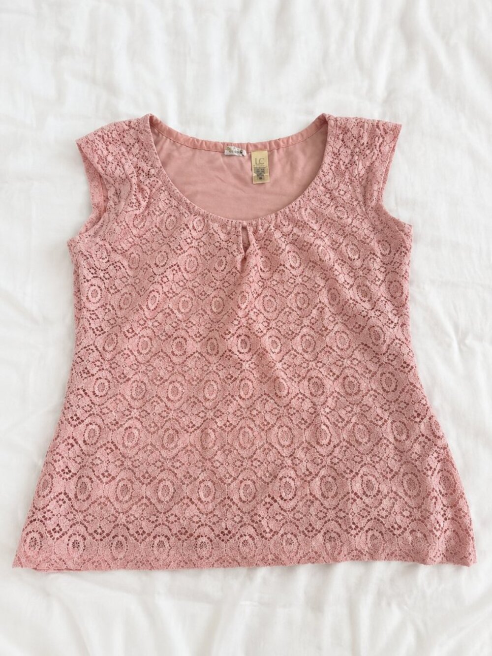 Liz & Co Size M Dusty Rose Pink Lace Blouse Cap Sleeve Top